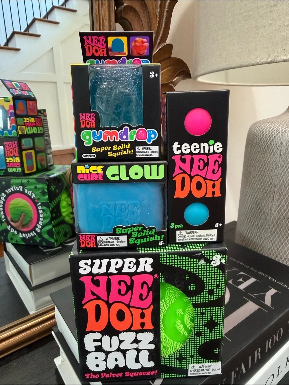 Neon NeeDoh Fuzz Ball & Gumdrop Squish Toy Bundle - Bright Green & Blue